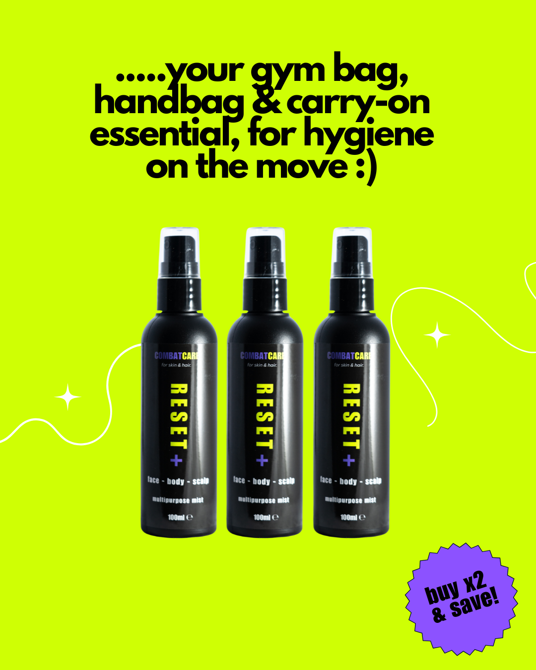Three black bottles labeled 'RESET+' on a bright green background with promotional text.
